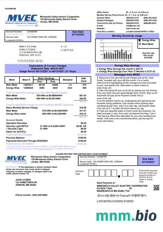 USA Minnesota Valley Electric Cooperative (mvec) szablon rachunku za media w formacie Word i PDF